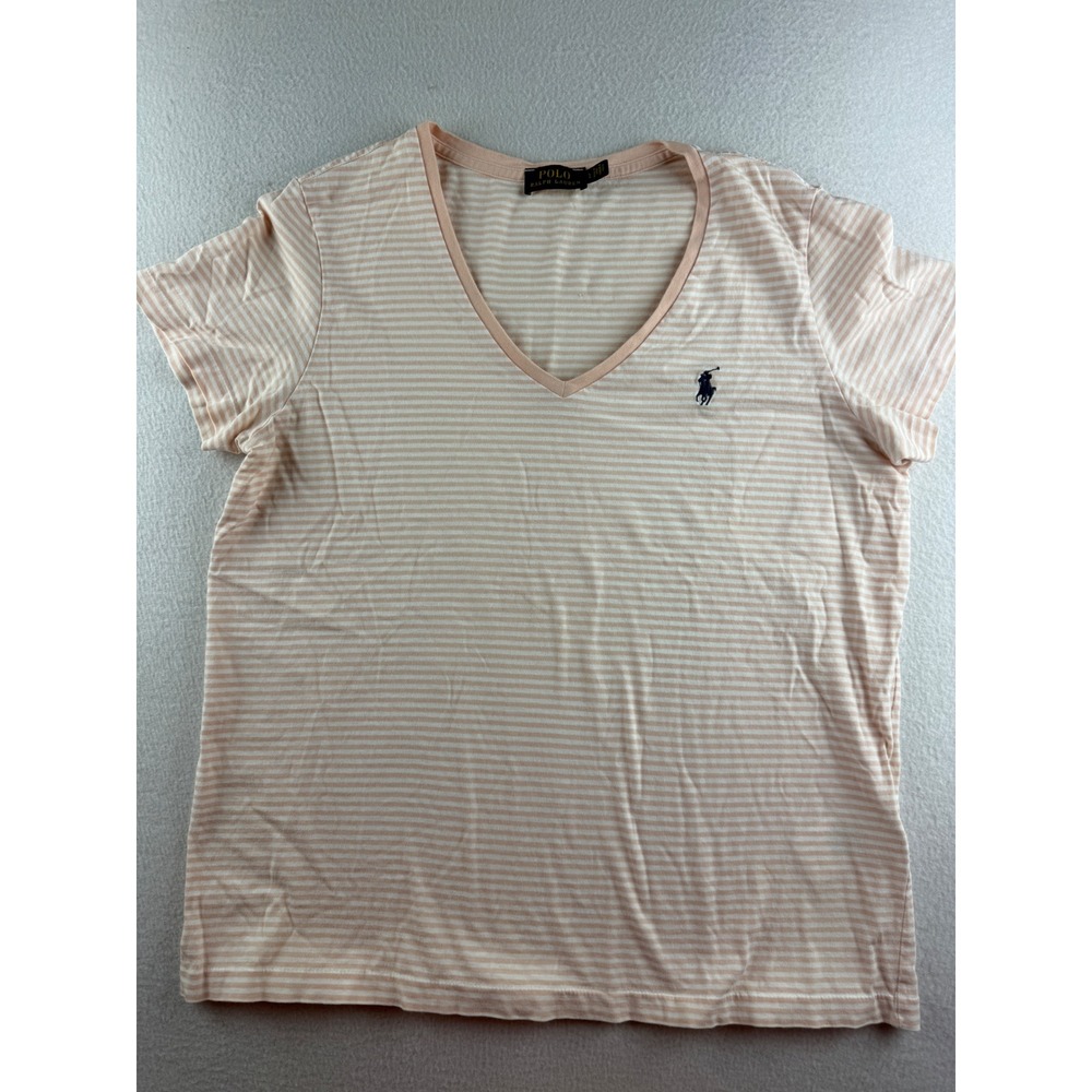 Polo Ralph Lauren Womens V-Neck T-Shirt Peach White Striped Pony Logo Large